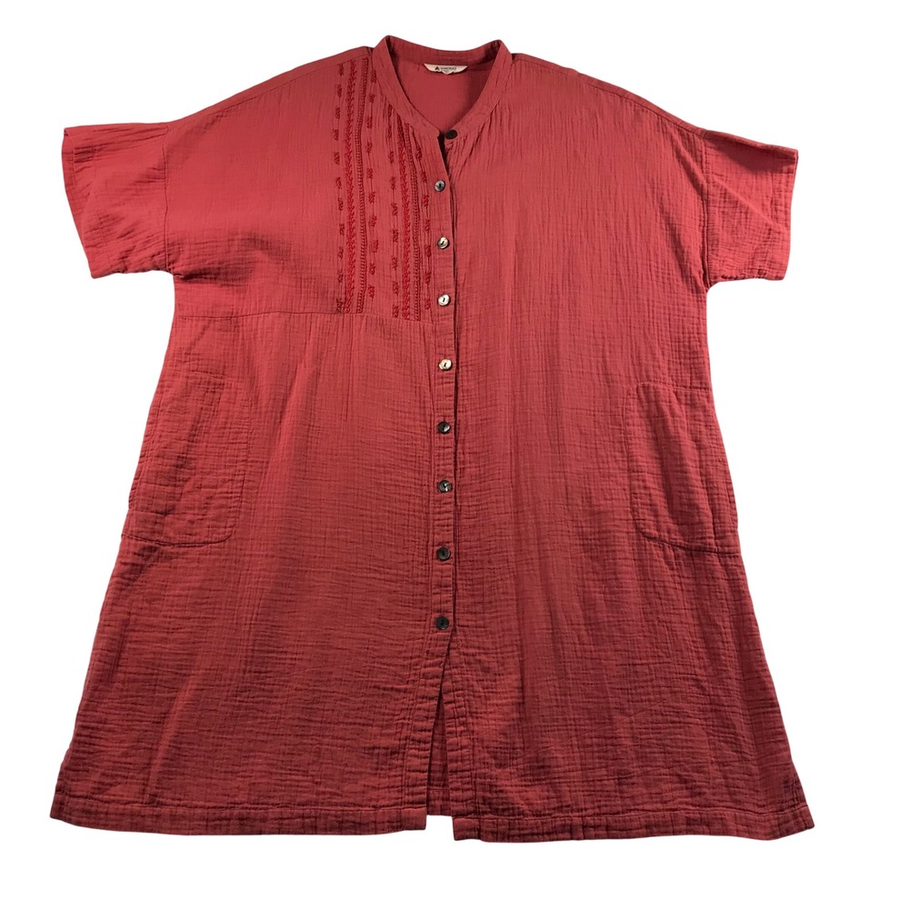 Marketplace Handwork of India Cotton Gauze Tunic Dress Red Embroidered 2W Plus